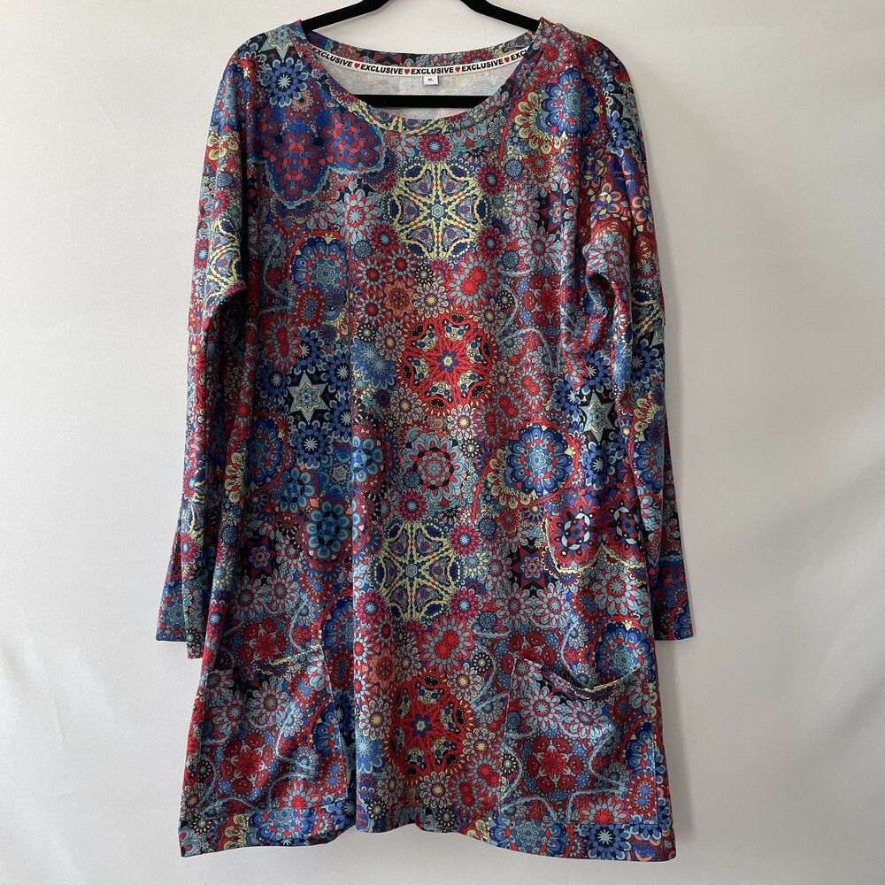 Exclusive Tunic/Mini Dress Long Sleeve Floral Medallion Multicolor XL